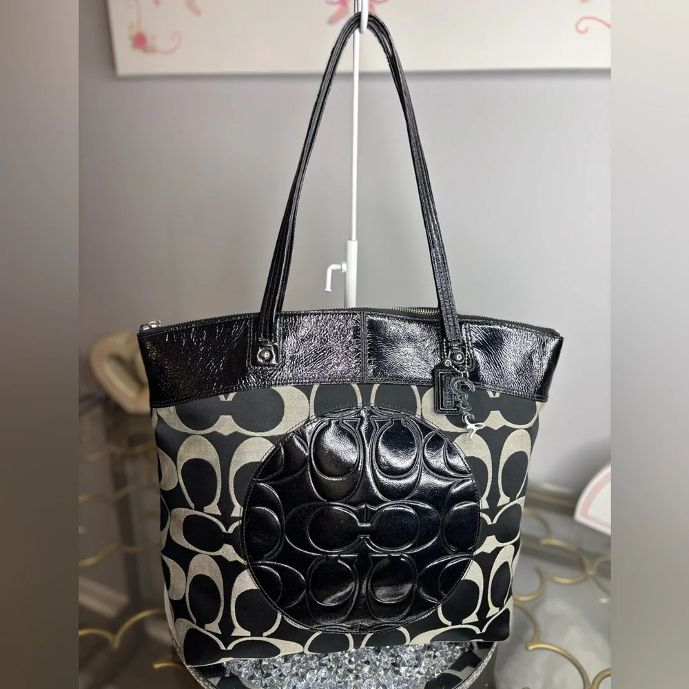 Coach Black and Khaki Signature Canvas Tote with Patent Trim